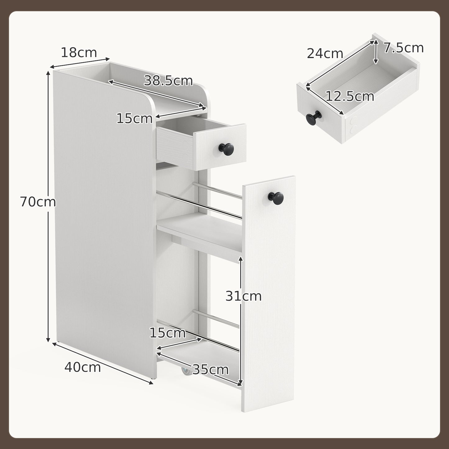 Narrow Bathroom Storage Cabinet with Slide-Out Drawer-White