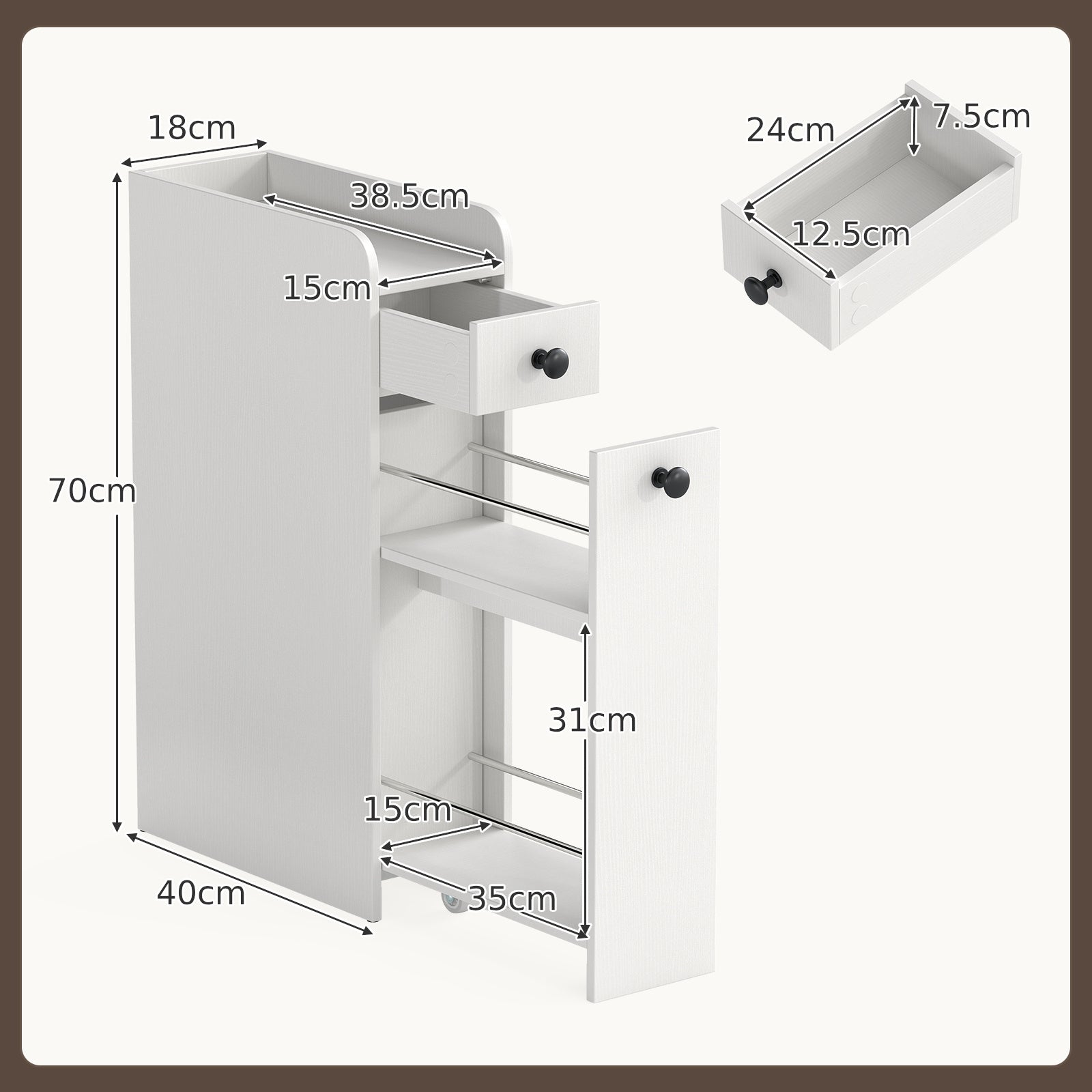 Narrow Bathroom Storage Cabinet with Slide-Out Drawer-White
