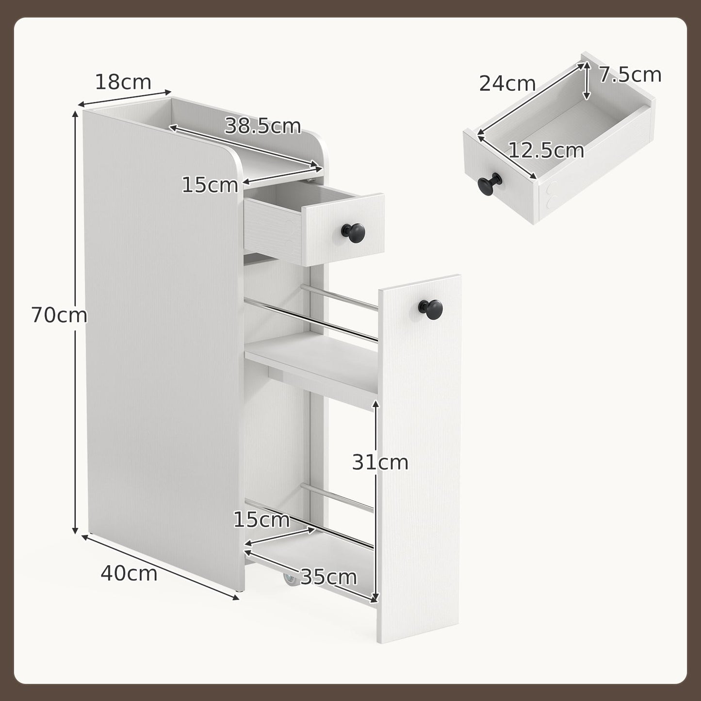 Narrow Bathroom Storage Cabinet with Slide-Out Drawer-White