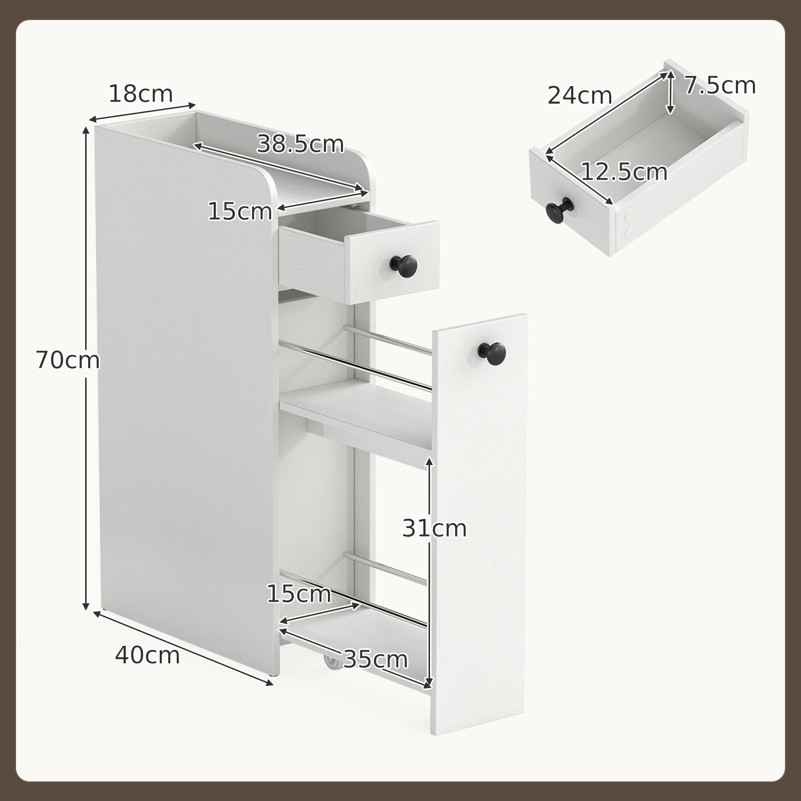 Narrow Bathroom Storage Cabinet with Slide-Out Drawer-White