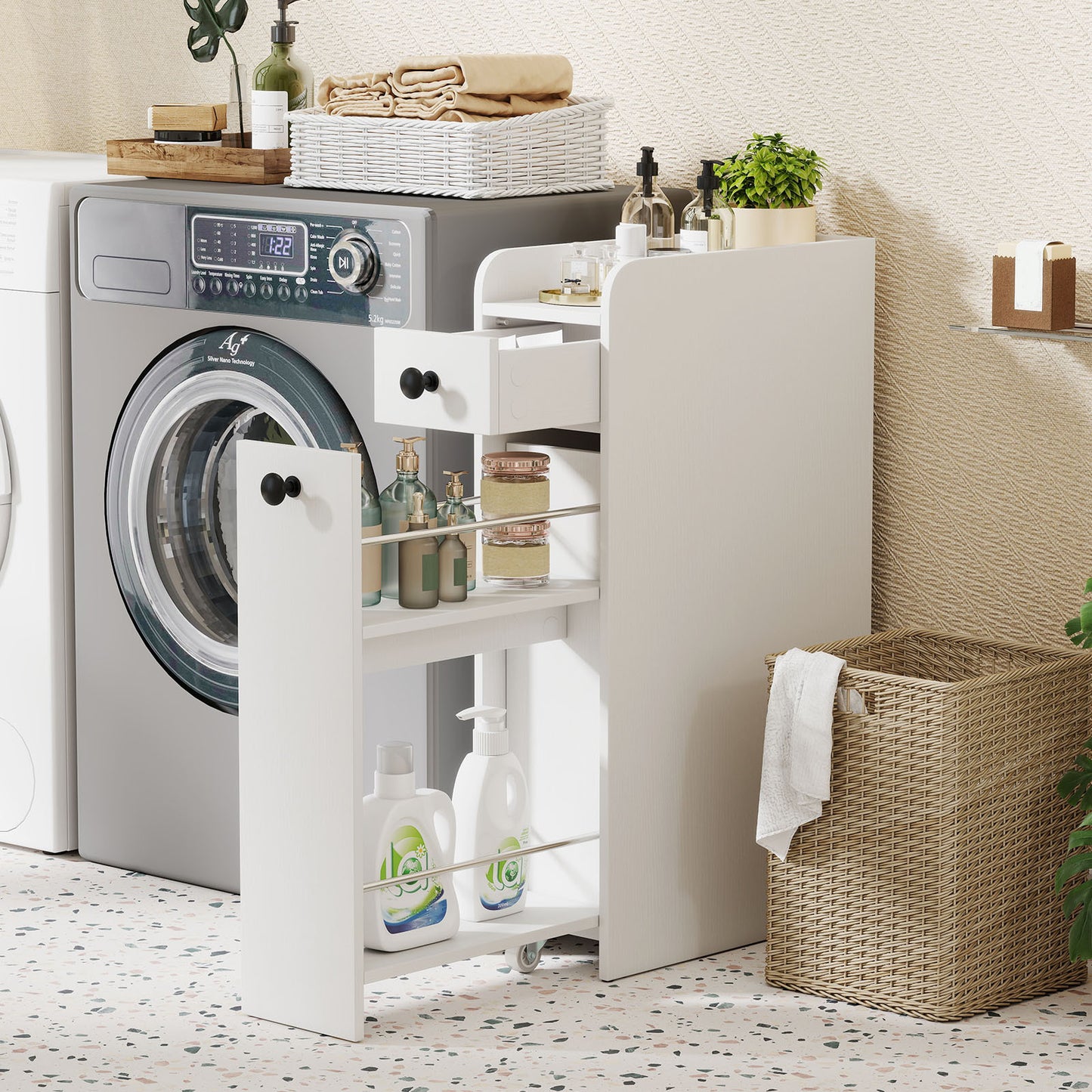Narrow Bathroom Storage Cabinet with Slide-Out Drawer-White