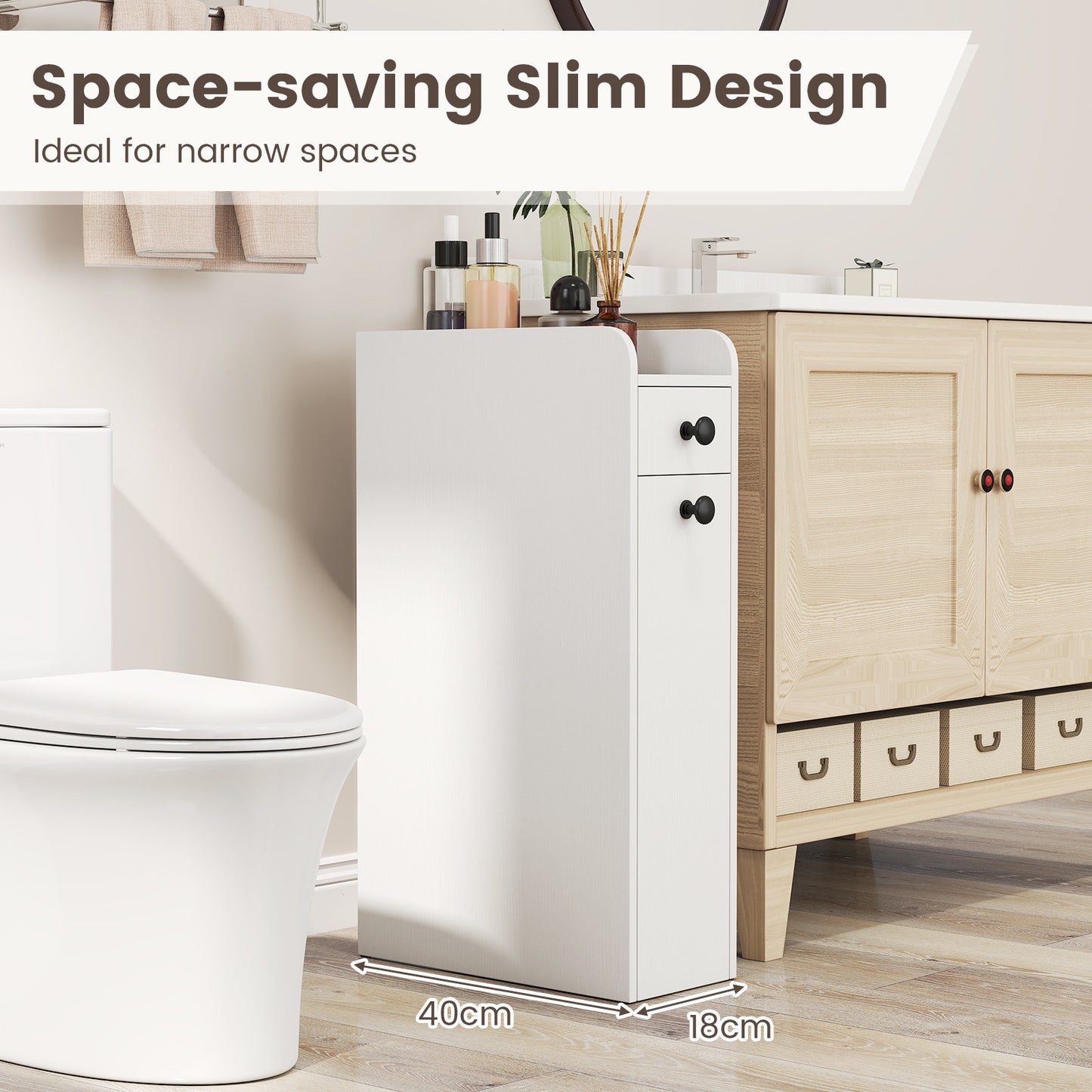 Narrow Bathroom Storage Cabinet with Slide-Out Drawer-White