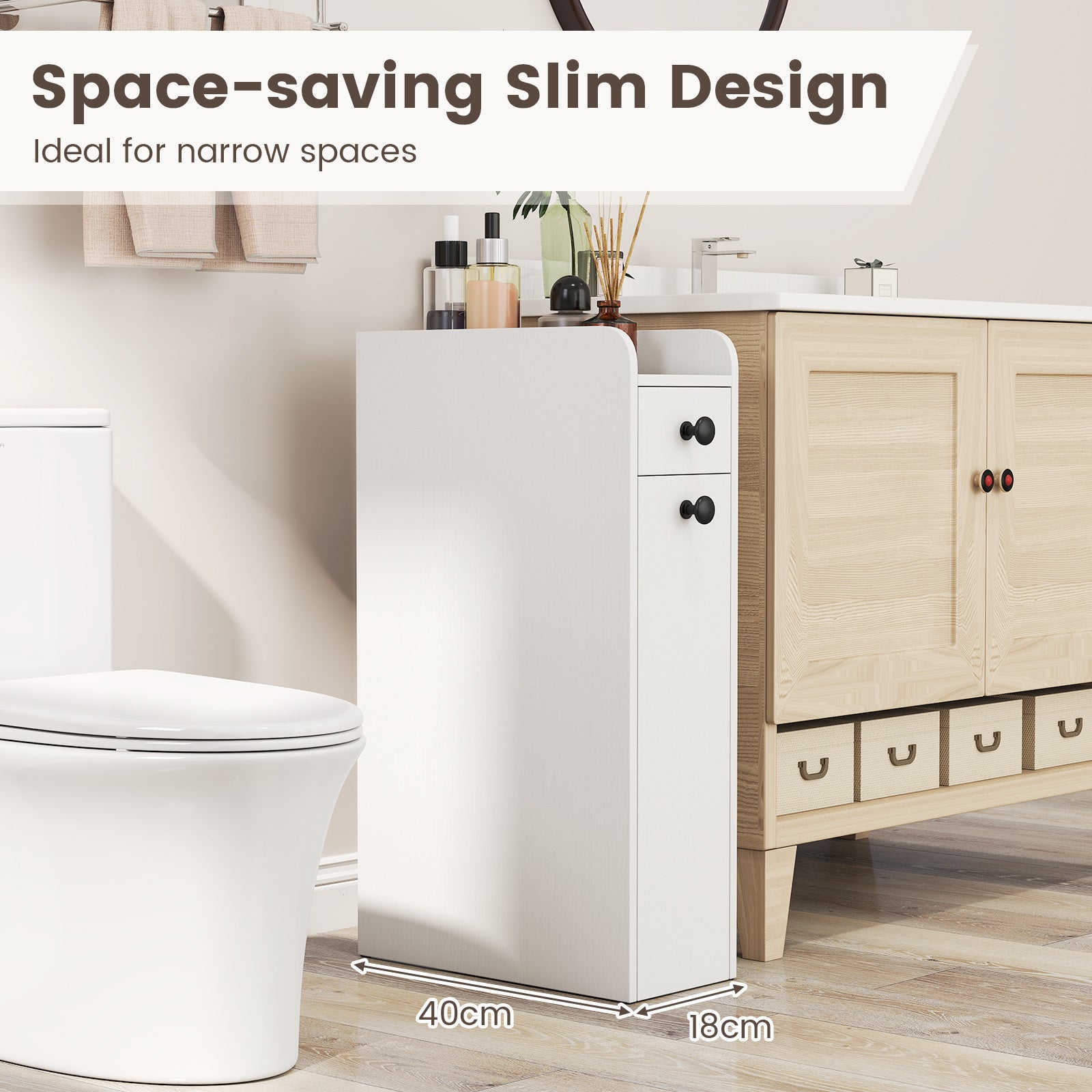 Narrow Bathroom Storage Cabinet with Slide-Out Drawer-White