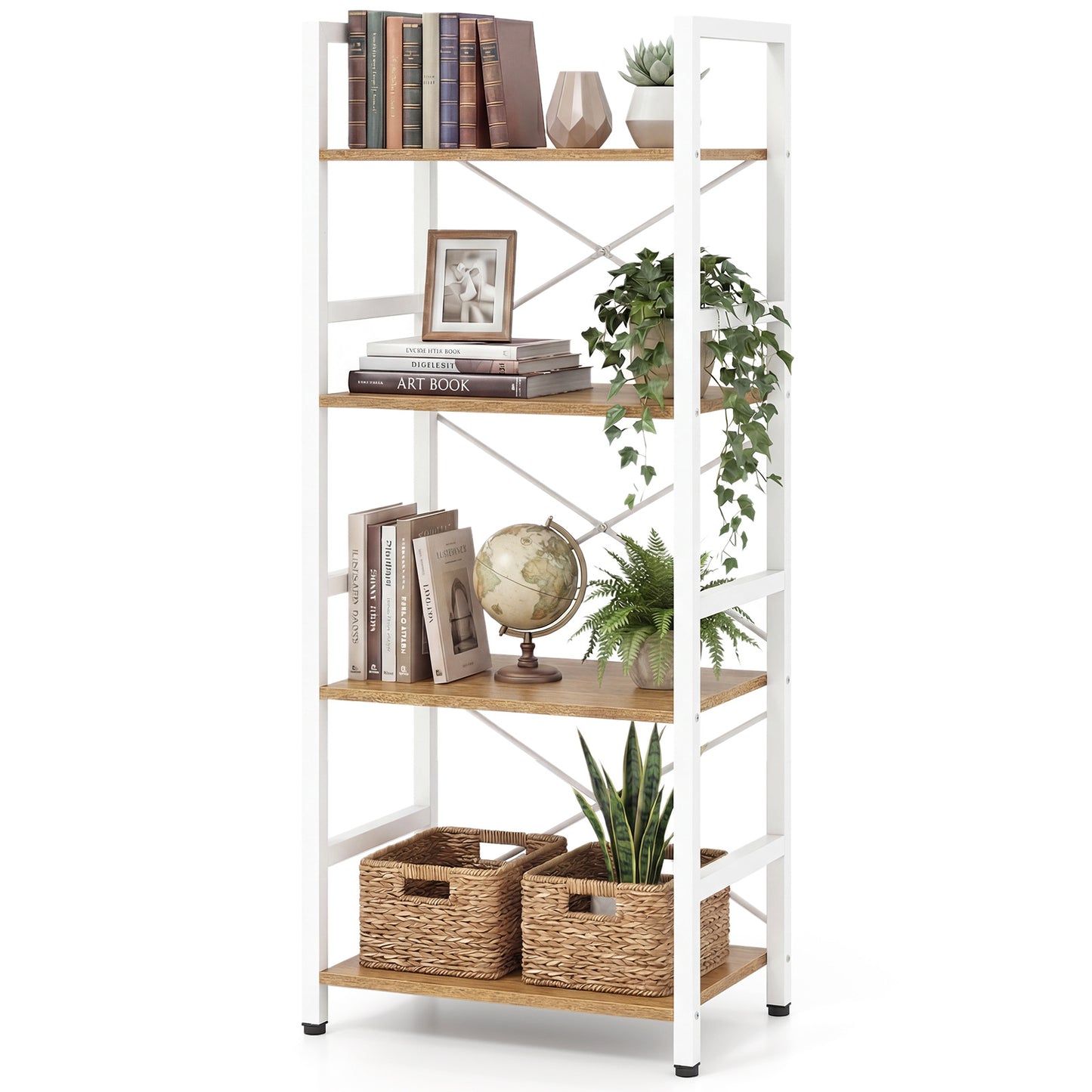 Narrow Bookshelf 4-Tier Freestanding Bookcase with Heavy-duty Metal Frame-Natural
