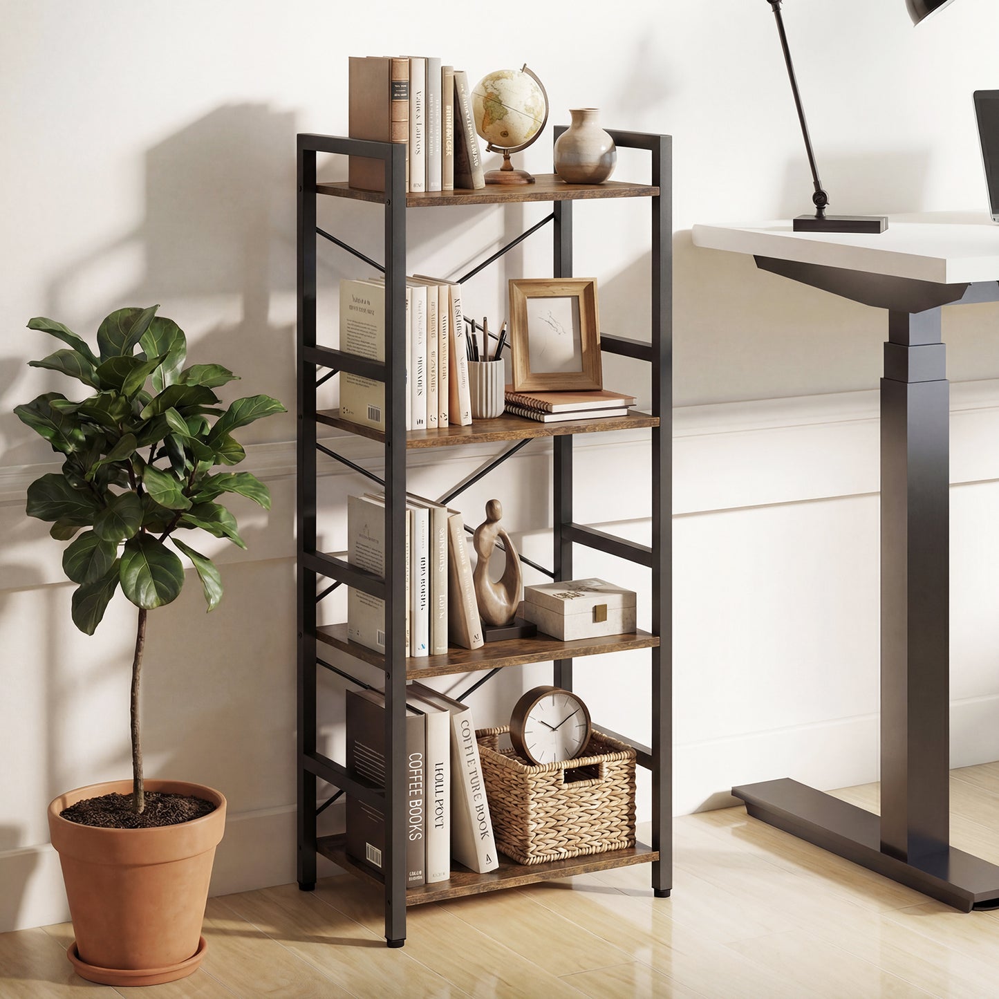 Narrow Bookshelf 4-Tier Freestanding Bookcase with Heavy-duty Metal Frame-RusticBrown