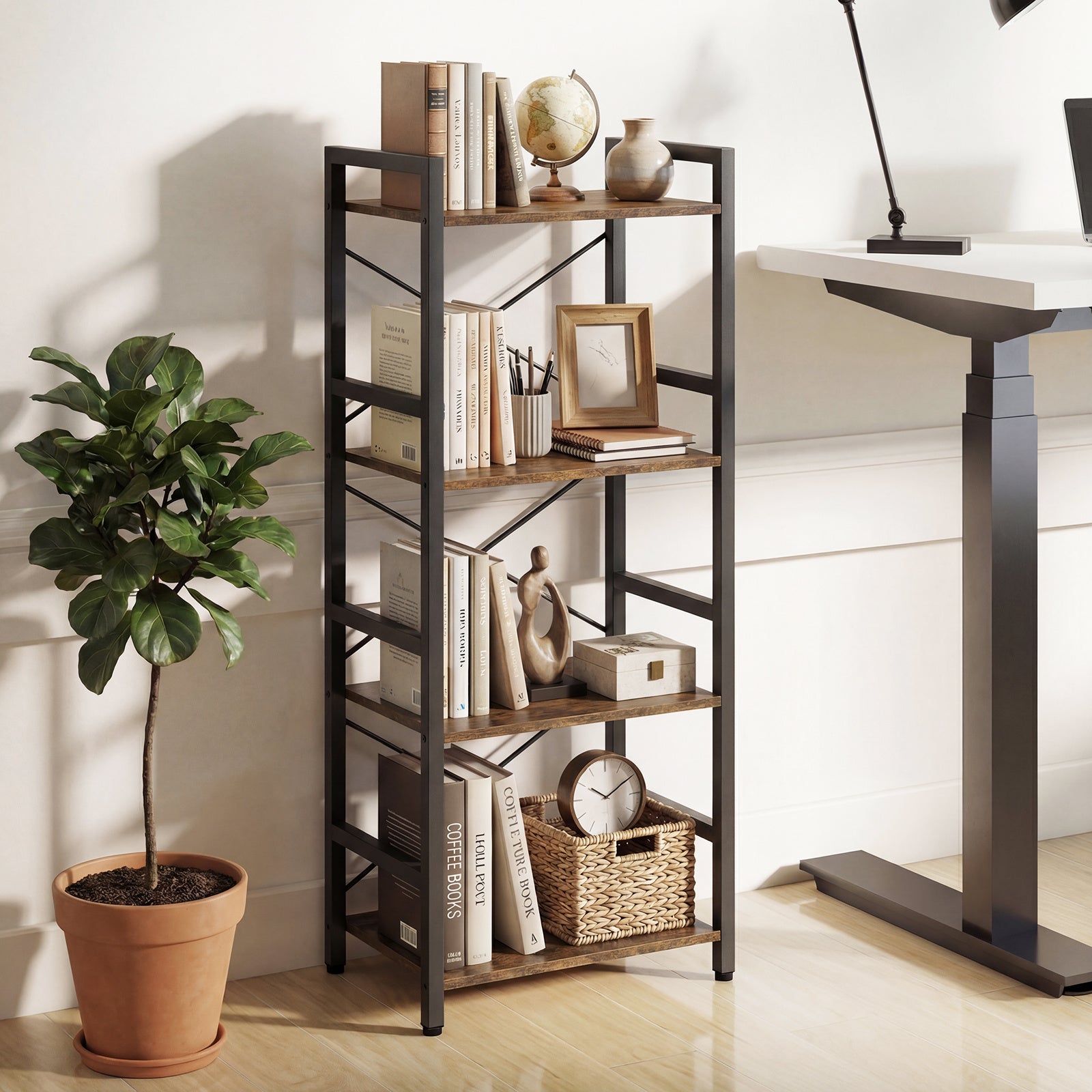 Narrow Bookshelf 4-Tier Freestanding Bookcase with Heavy-duty Metal Frame-RusticBrown