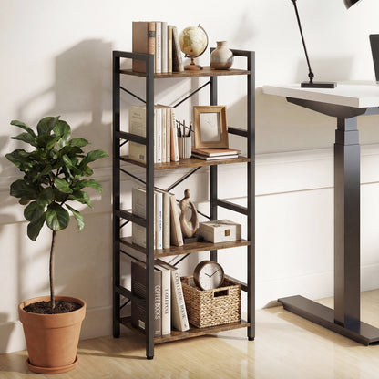 Narrow Bookshelf 4-Tier Freestanding Bookcase with Heavy-duty Metal Frame-RusticBrown