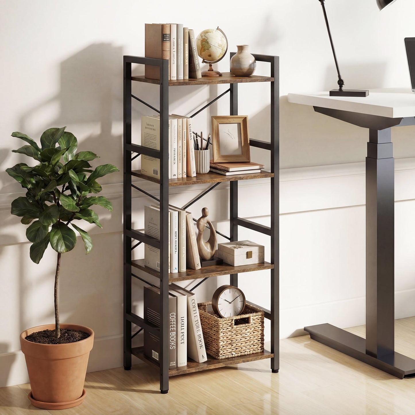 Narrow Bookshelf 4-Tier Freestanding Bookcase with Heavy-duty Metal Frame-RusticBrown
