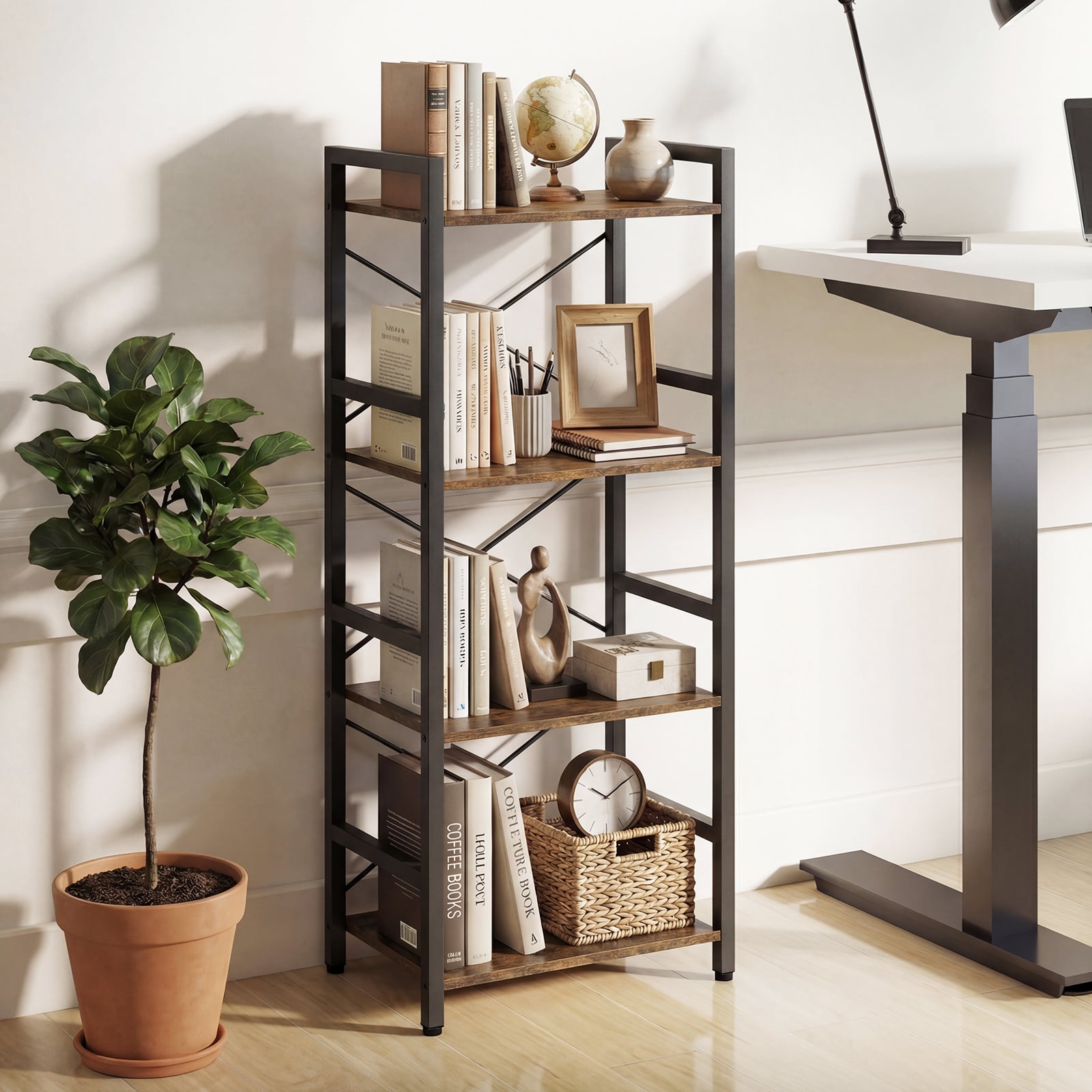 Narrow Bookshelf 4-Tier Freestanding Bookcase with Heavy-duty Metal Frame-RusticBrown