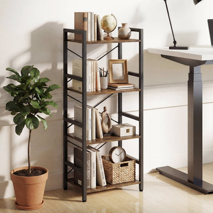 Narrow Bookshelf 4-Tier Freestanding Bookcase with Heavy-duty Metal Frame-RusticBrown