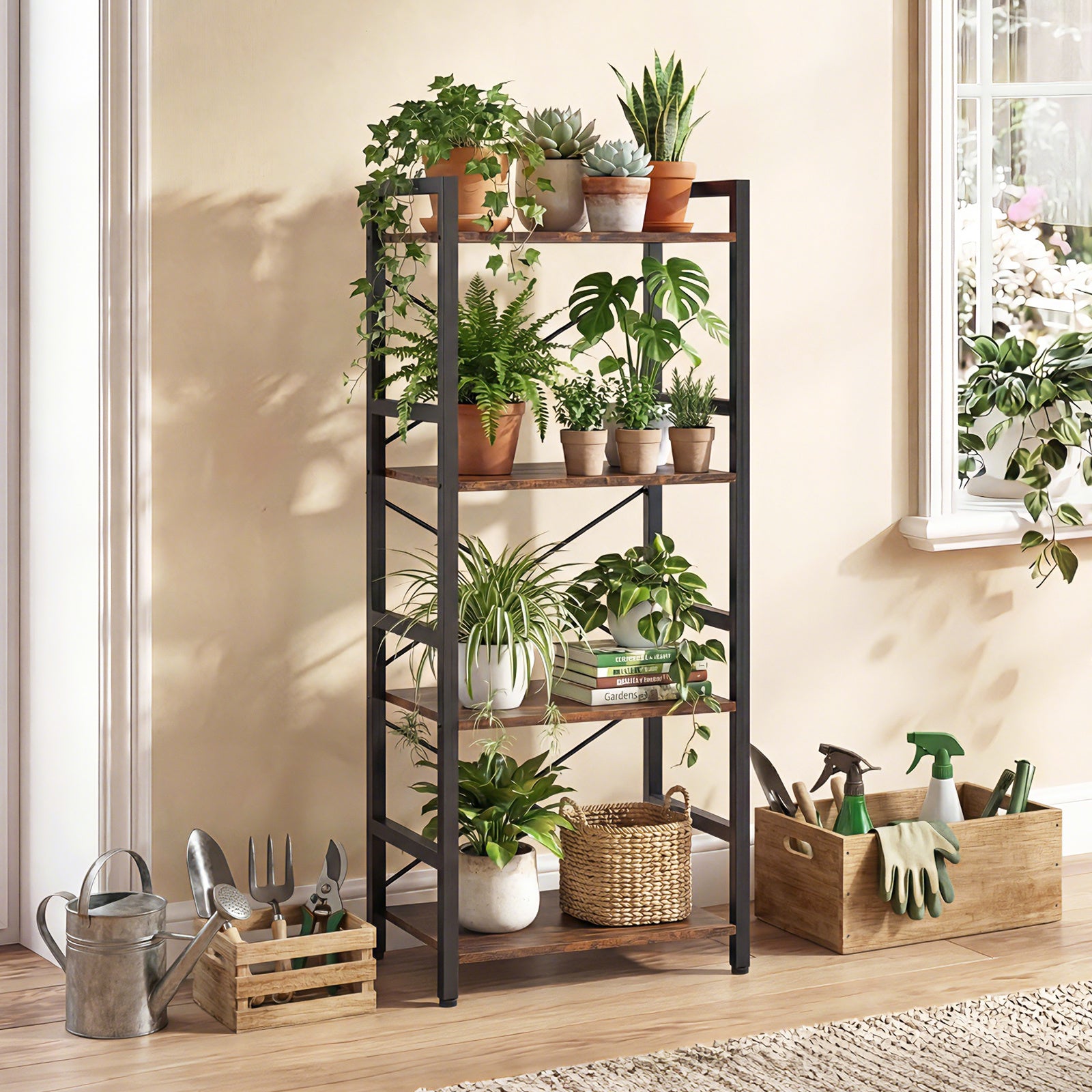Narrow Bookshelf 4-Tier Freestanding Bookcase with Heavy-duty Metal Frame-RusticBrown