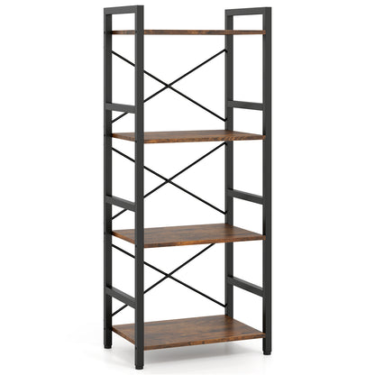 Narrow Bookshelf 4-Tier Freestanding Bookcase with Heavy-duty Metal Frame-RusticBrown