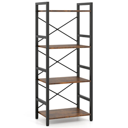 Narrow Bookshelf 4-Tier Freestanding Bookcase with Heavy-duty Metal Frame-RusticBrown
