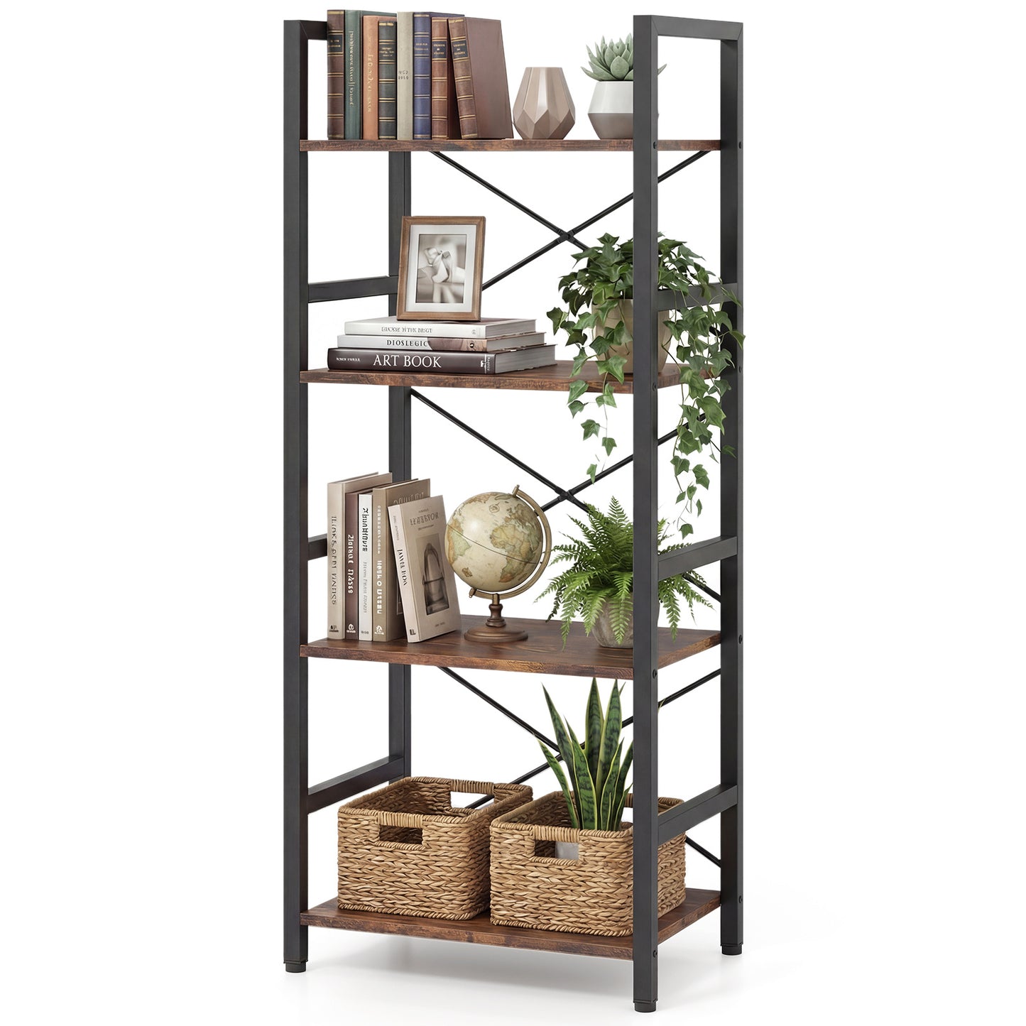Narrow Bookshelf 4-Tier Freestanding Bookcase with Heavy-duty Metal Frame-RusticBrown