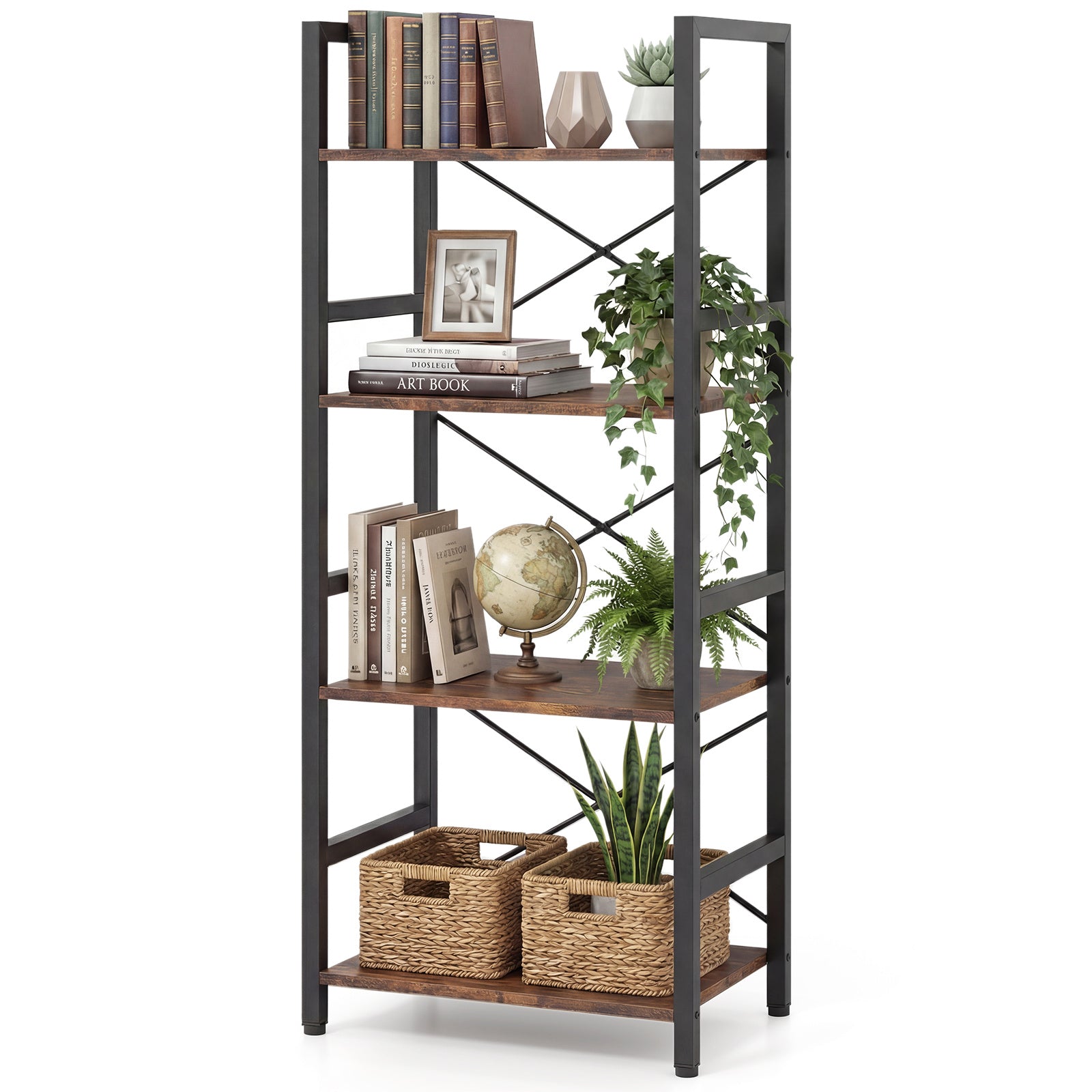 Narrow Bookshelf 4-Tier Freestanding Bookcase with Heavy-duty Metal Frame-RusticBrown