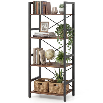 Narrow Bookshelf 4-Tier Freestanding Bookcase with Heavy-duty Metal Frame-RusticBrown