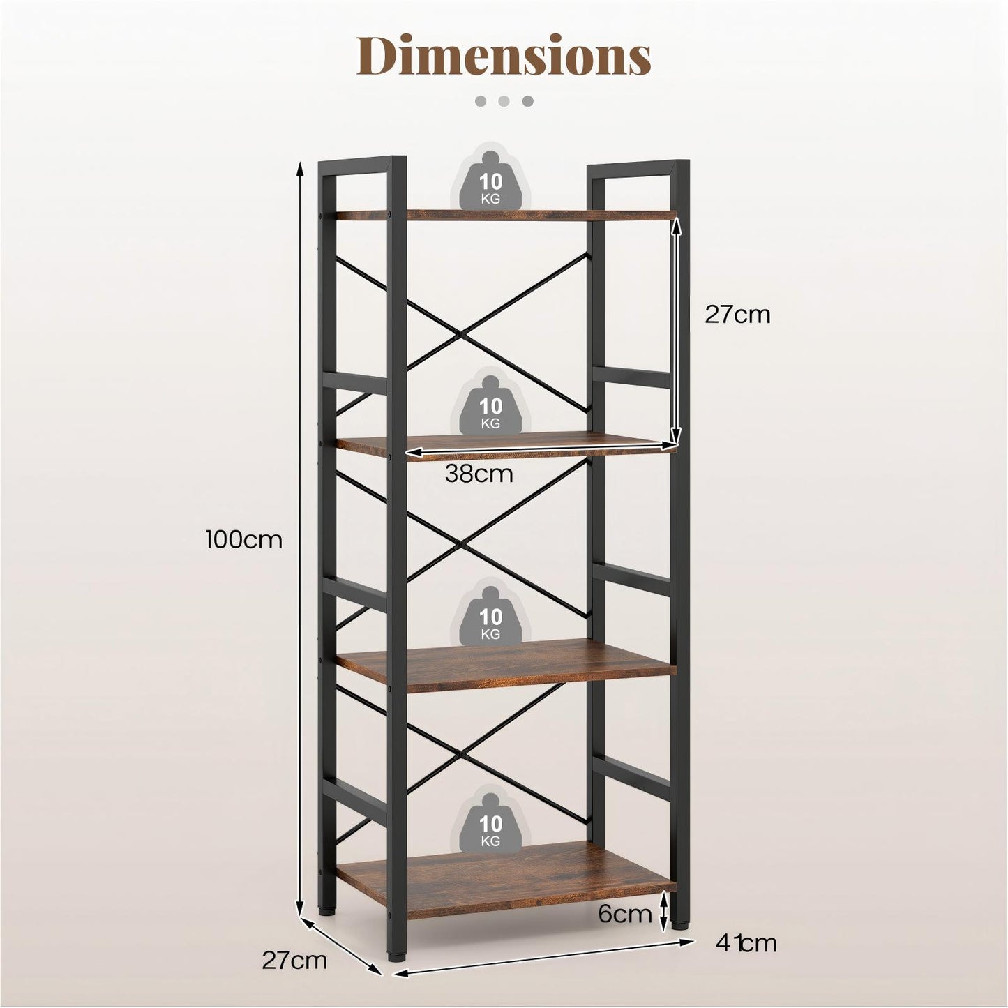 Narrow Bookshelf 4-Tier Freestanding Bookcase with Heavy-duty Metal Frame-RusticBrown