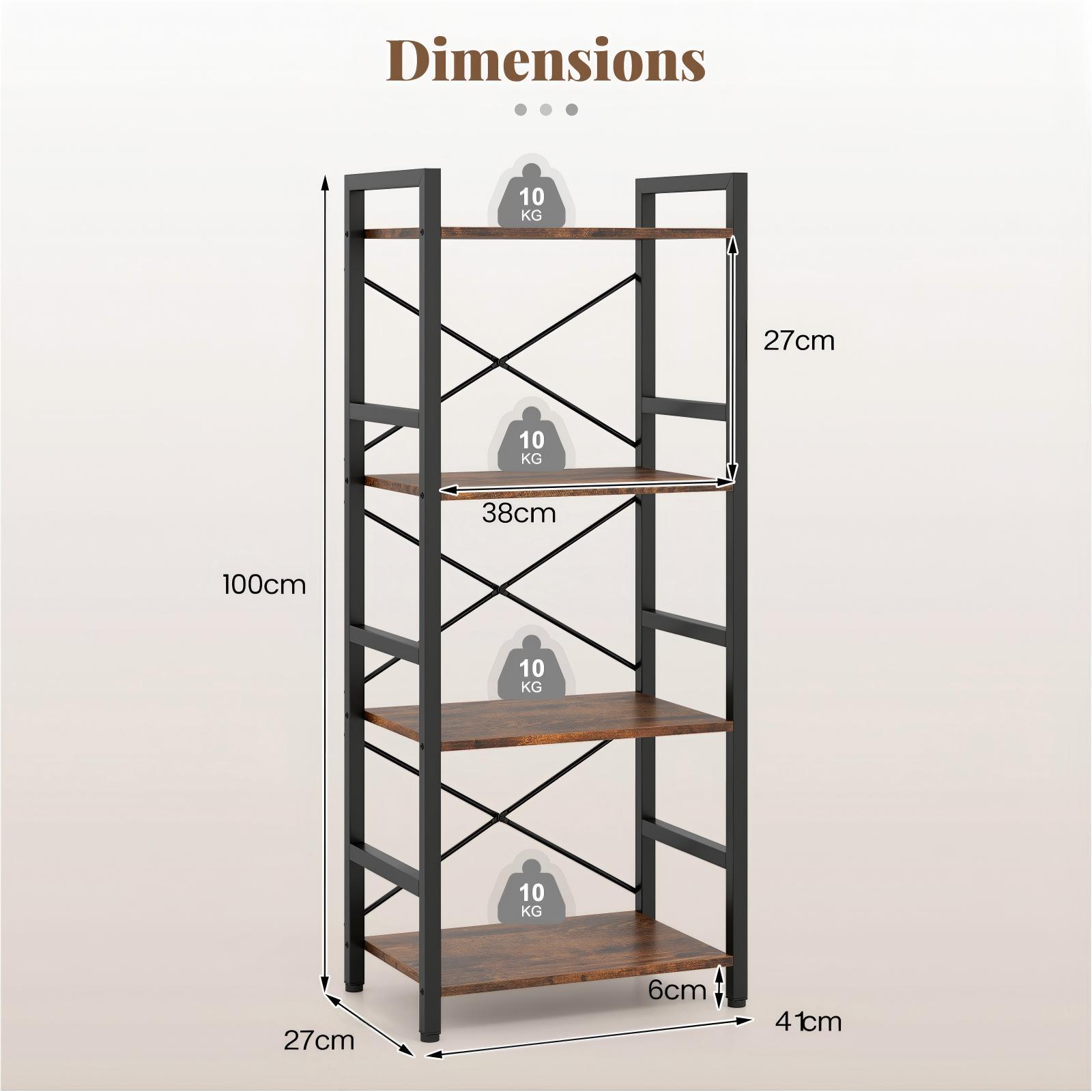 Narrow Bookshelf 4-Tier Freestanding Bookcase with Heavy-duty Metal Frame-RusticBrown