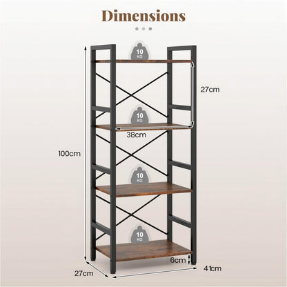 Narrow Bookshelf 4-Tier Freestanding Bookcase with Heavy-duty Metal Frame-RusticBrown