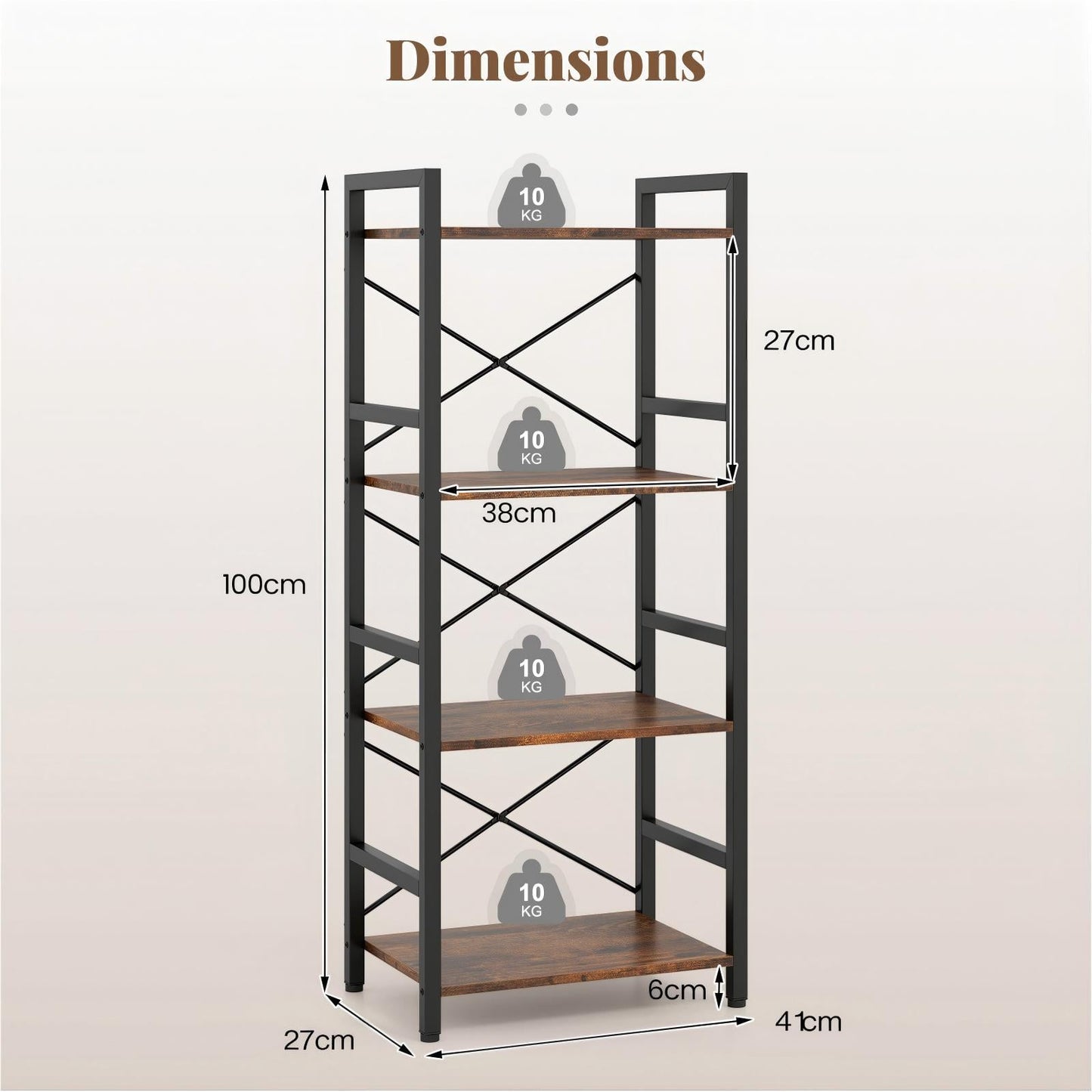 Narrow Bookshelf 4-Tier Freestanding Bookcase with Heavy-duty Metal Frame-RusticBrown