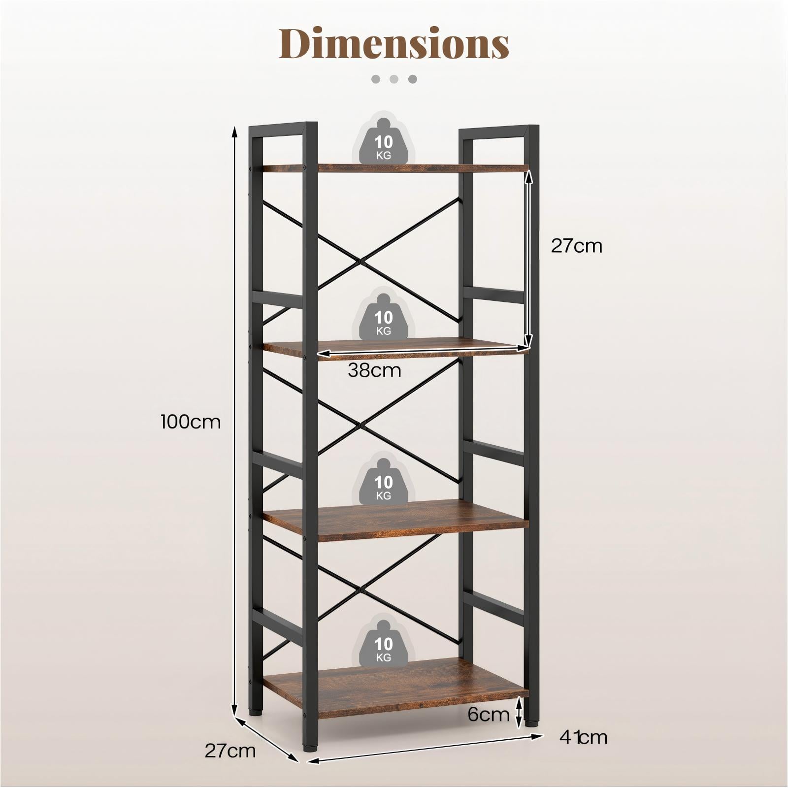 Narrow Bookshelf 4-Tier Freestanding Bookcase with Heavy-duty Metal Frame-RusticBrown