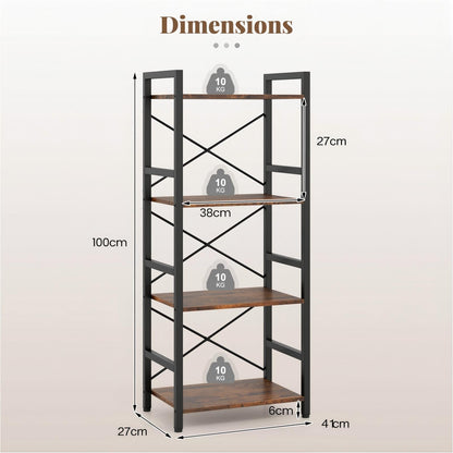 Narrow Bookshelf 4-Tier Freestanding Bookcase with Heavy-duty Metal Frame-RusticBrown