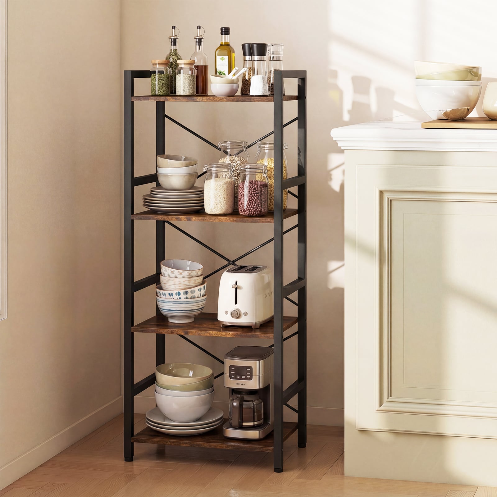 Narrow Bookshelf 4-Tier Freestanding Bookcase with Heavy-duty Metal Frame-RusticBrown