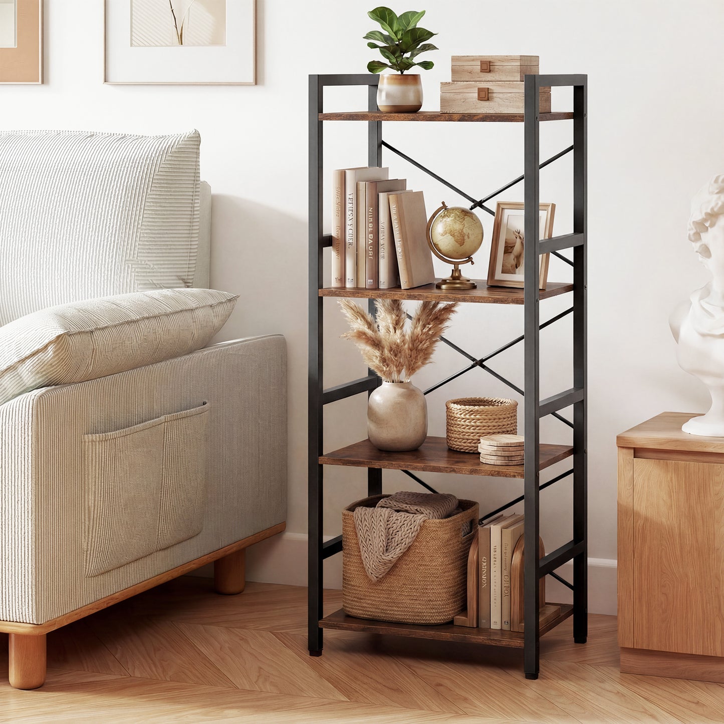 Narrow Bookshelf 4-Tier Freestanding Bookcase with Heavy-duty Metal Frame-RusticBrown