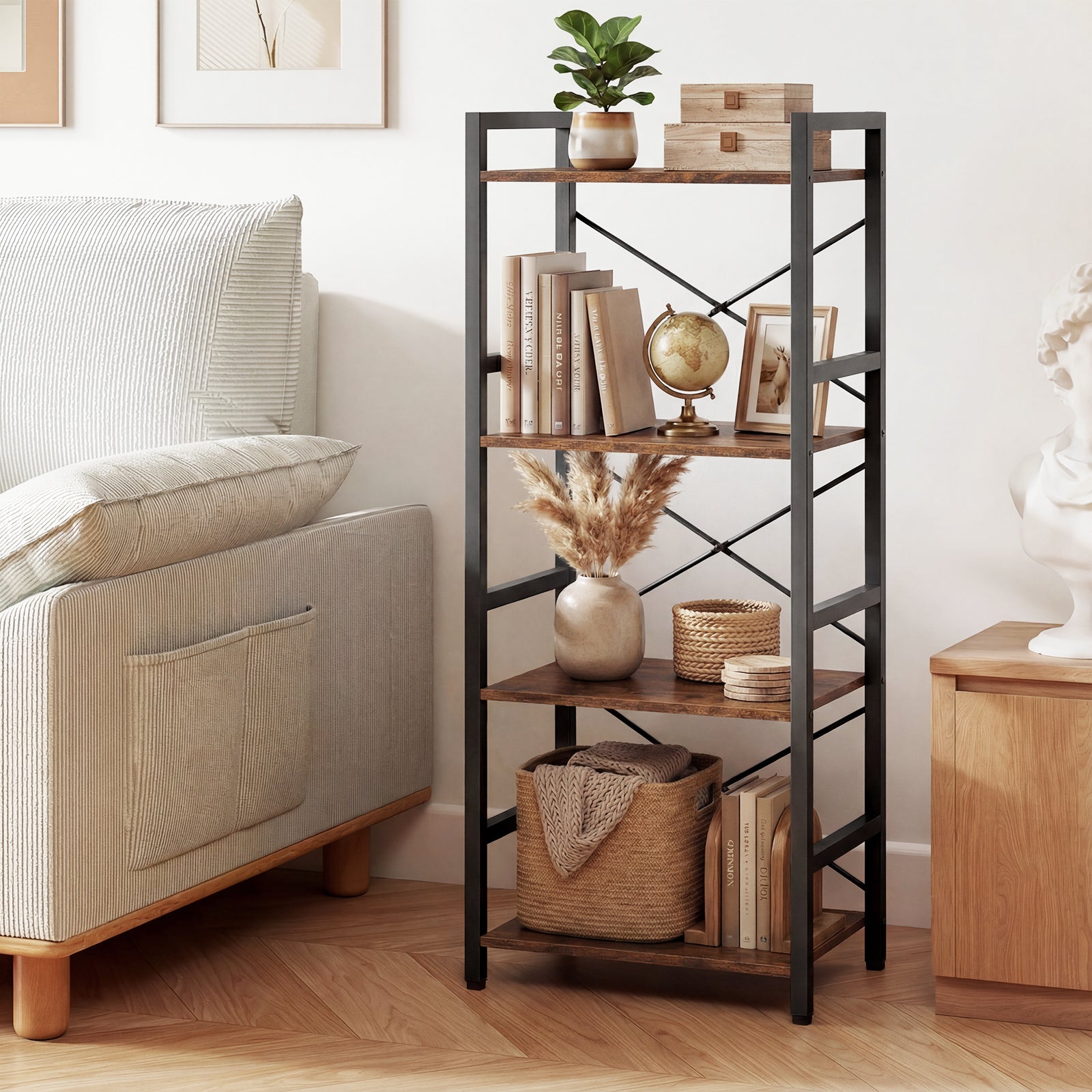 Narrow Bookshelf 4-Tier Freestanding Bookcase with Heavy-duty Metal Frame-RusticBrown