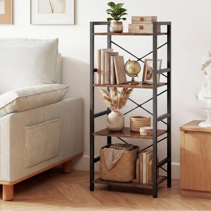 Narrow Bookshelf 4-Tier Freestanding Bookcase with Heavy-duty Metal Frame-RusticBrown