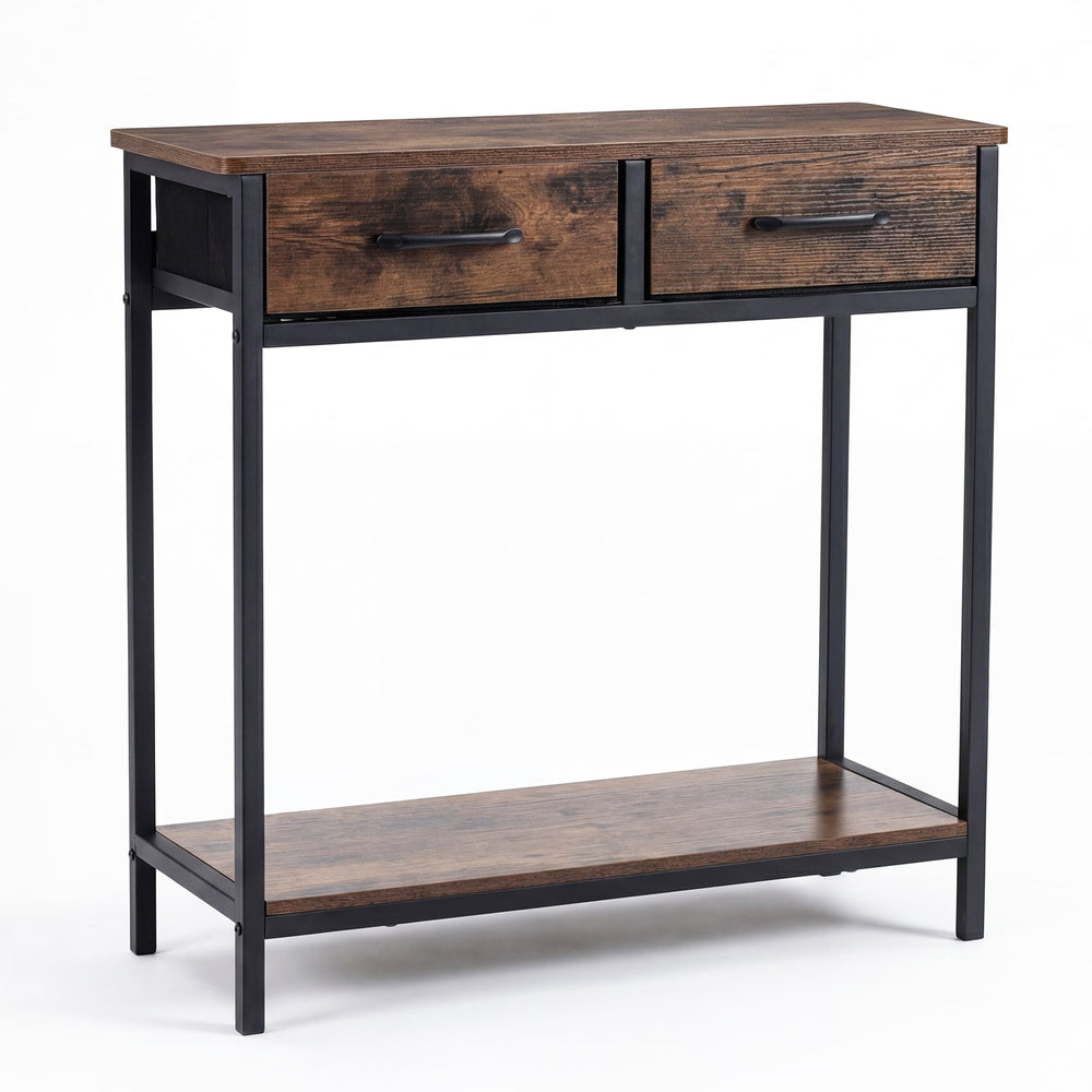 Narrow Console Table w/2 Fabric Drawers Open Compartment and Anti-Tipping Device-Rustic Brown
