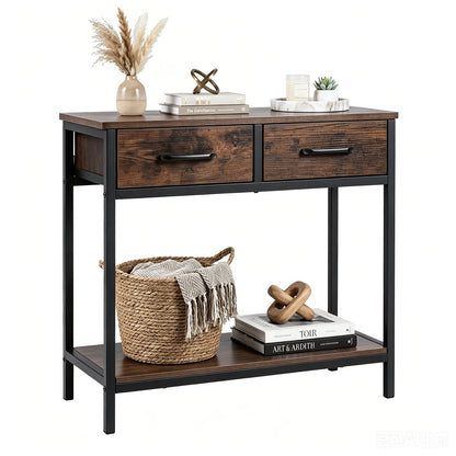 Narrow Console Table w/2 Fabric Drawers Open Compartment and Anti-Tipping Device-Rustic Brown