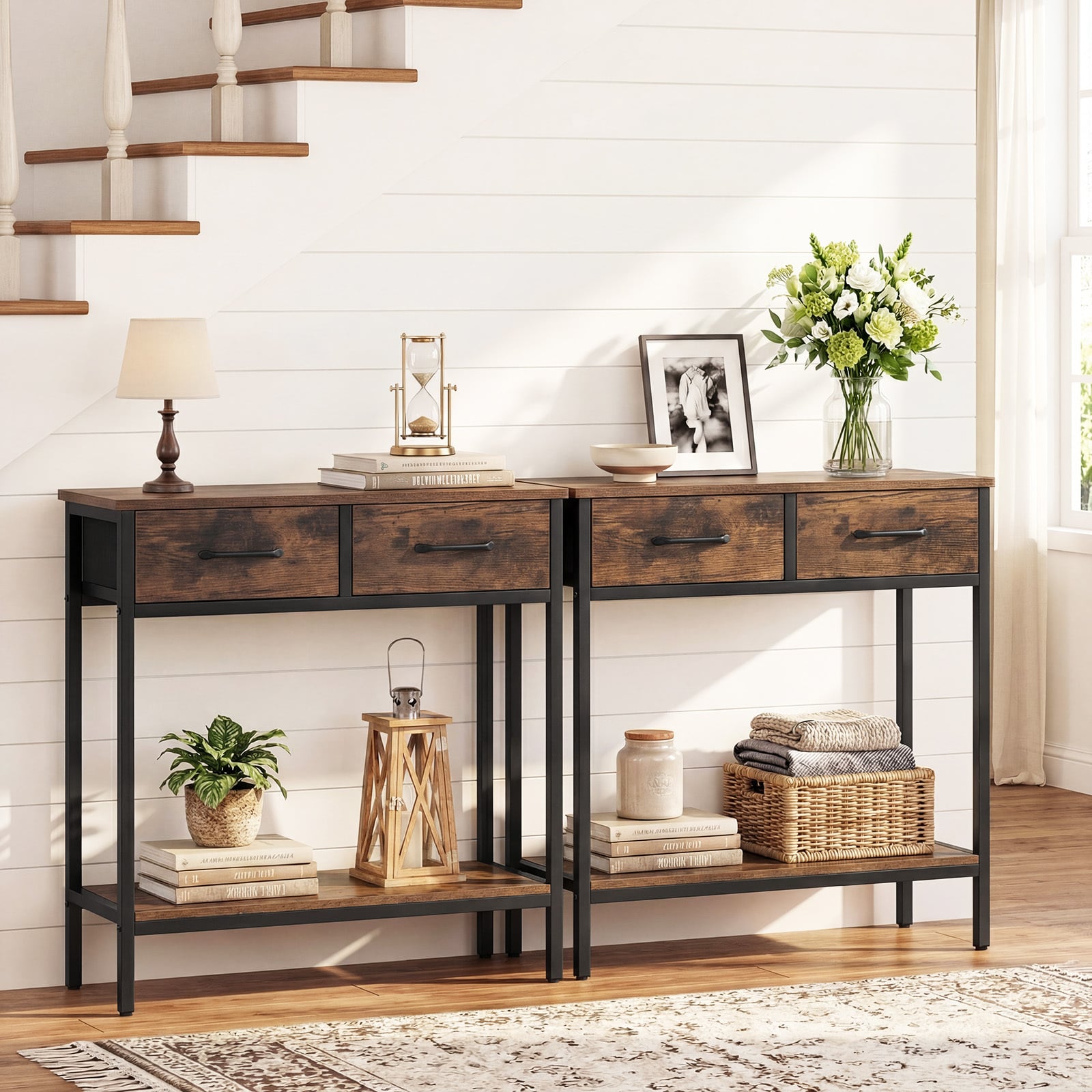 Narrow Console Table w/2 Fabric Drawers Open Compartment and Anti-Tipping Device-Rustic Brown