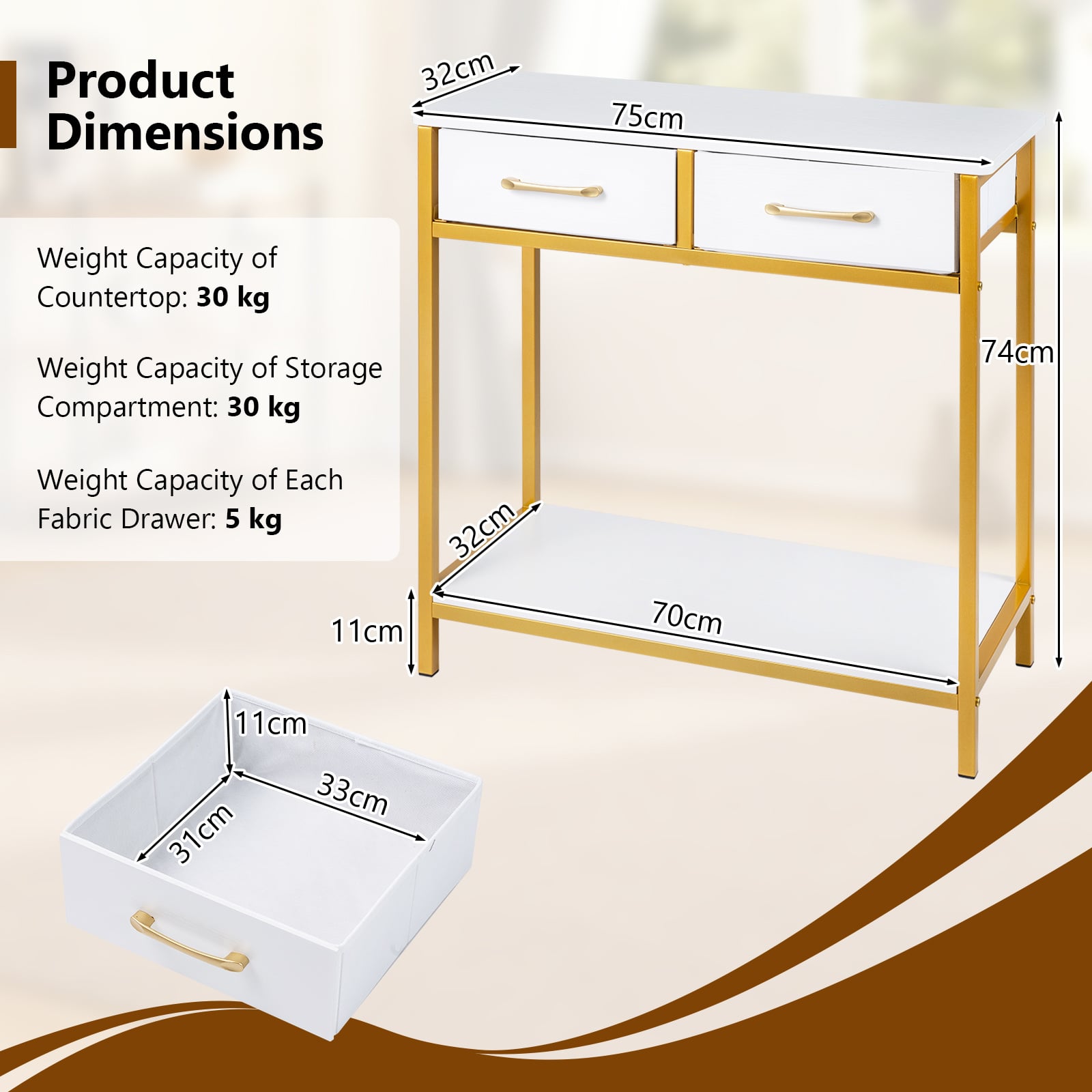 Narrow Console Table w/2 Fabric Drawers Open Compartment and Anti-Tipping Device-White