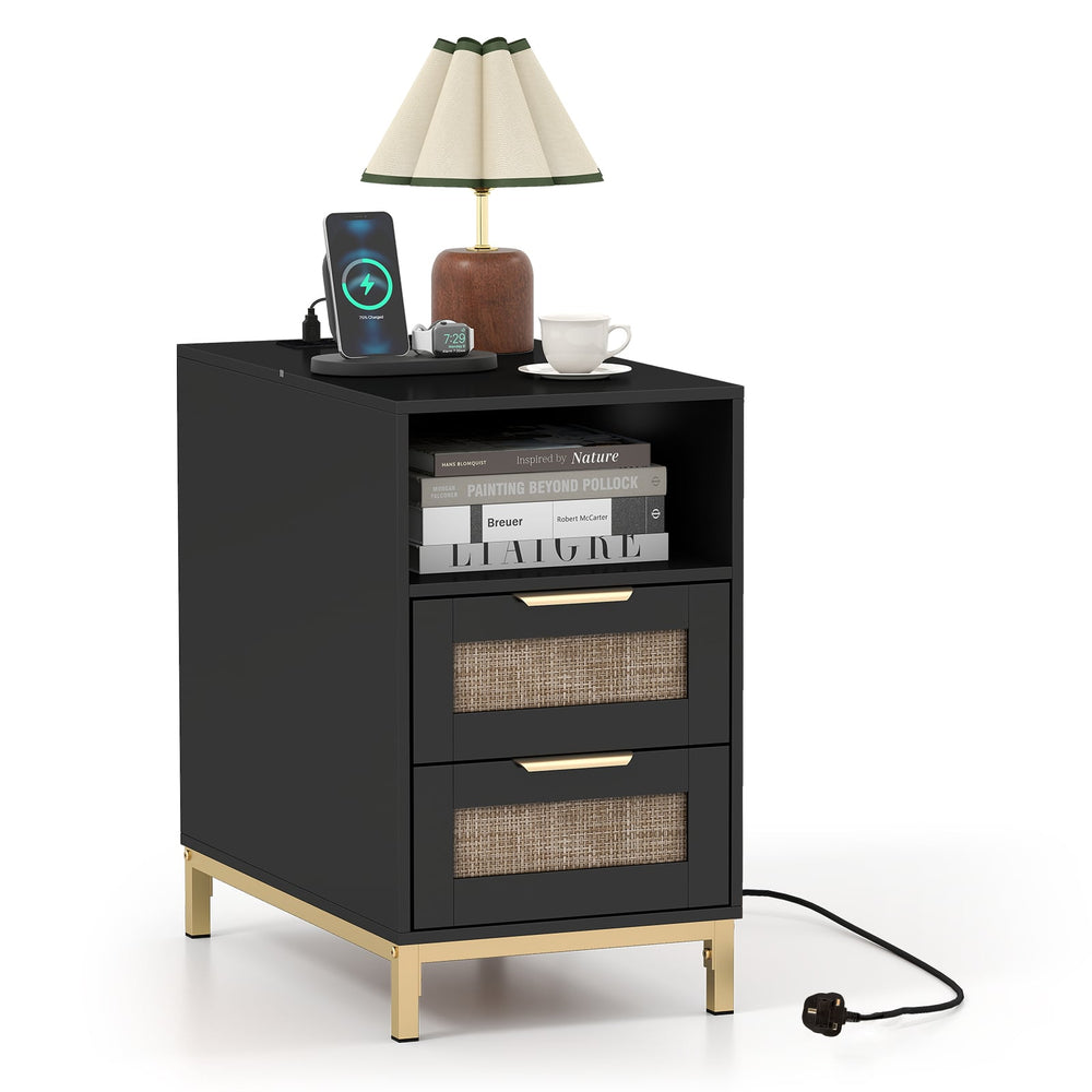 Narrow End Table with Charging Station and 2 Drawers for Bedroom-Black