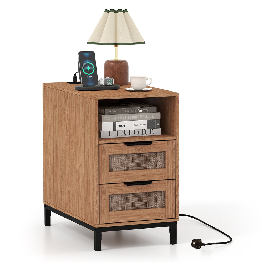 Narrow End Table with Charging Station and 2 Drawers for Bedroom-Natural