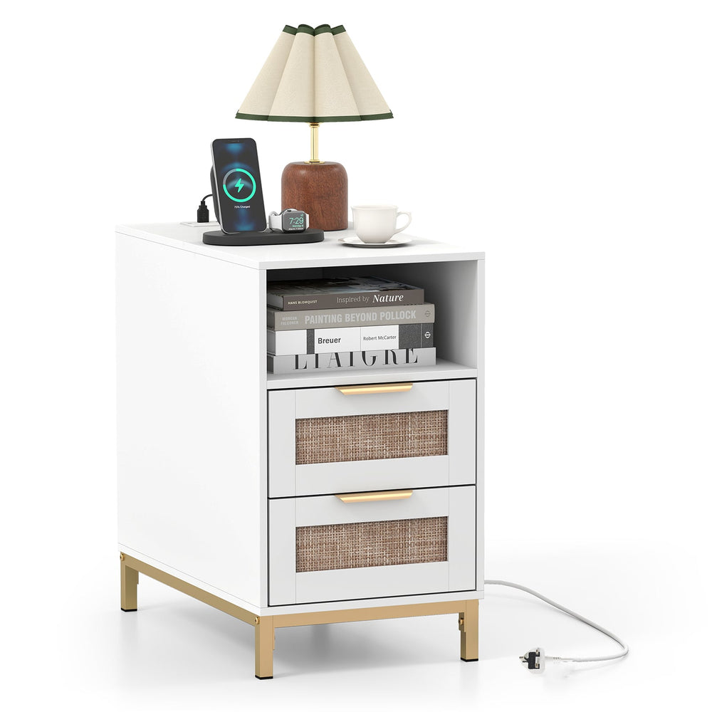 Narrow End Table with Charging Station and 2 Drawers for Bedroom-White