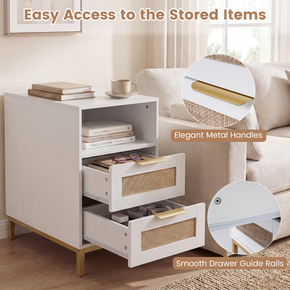 Narrow End Table with Charging Station and 2 Drawers for Bedroom-White