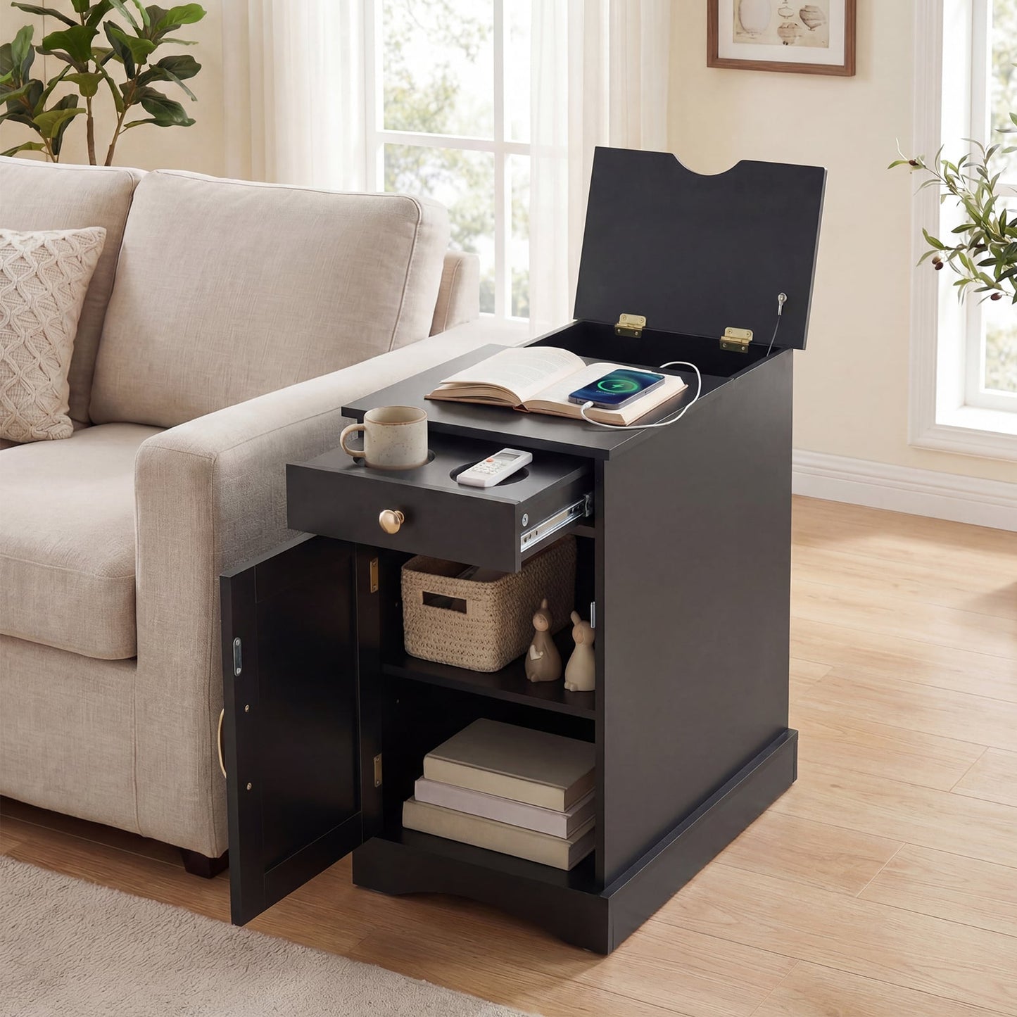 Narrow Nightstand Set of 2 with Charging Station and Drawer for Living Room Bedroom-Black