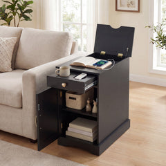 Narrow Nightstand Set of 2 with Charging Station and Drawer for Living Room Bedroom-Black