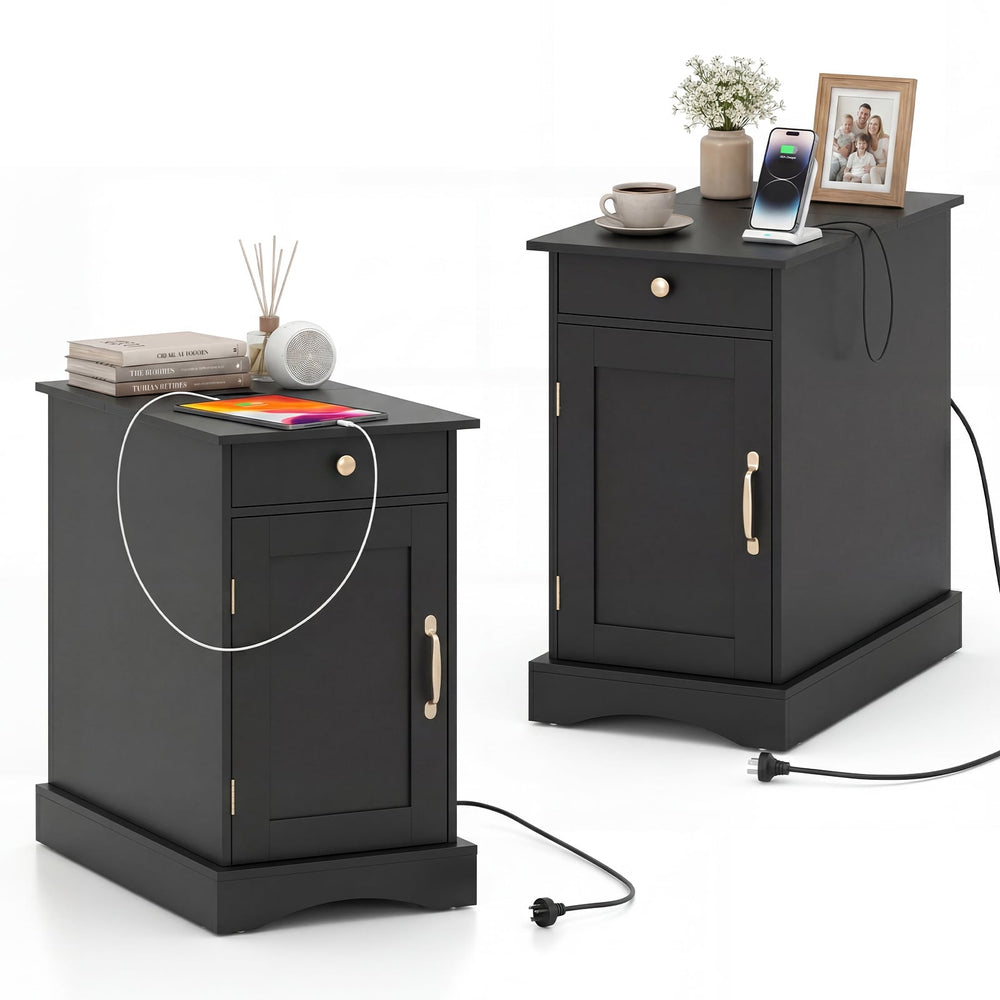 Narrow Nightstand Set of 2 with Charging Station and Drawer for Living Room Bedroom-Black