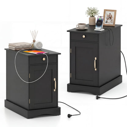 Narrow Nightstand Set of 2 with Charging Station and Drawer for Living Room Bedroom-Black