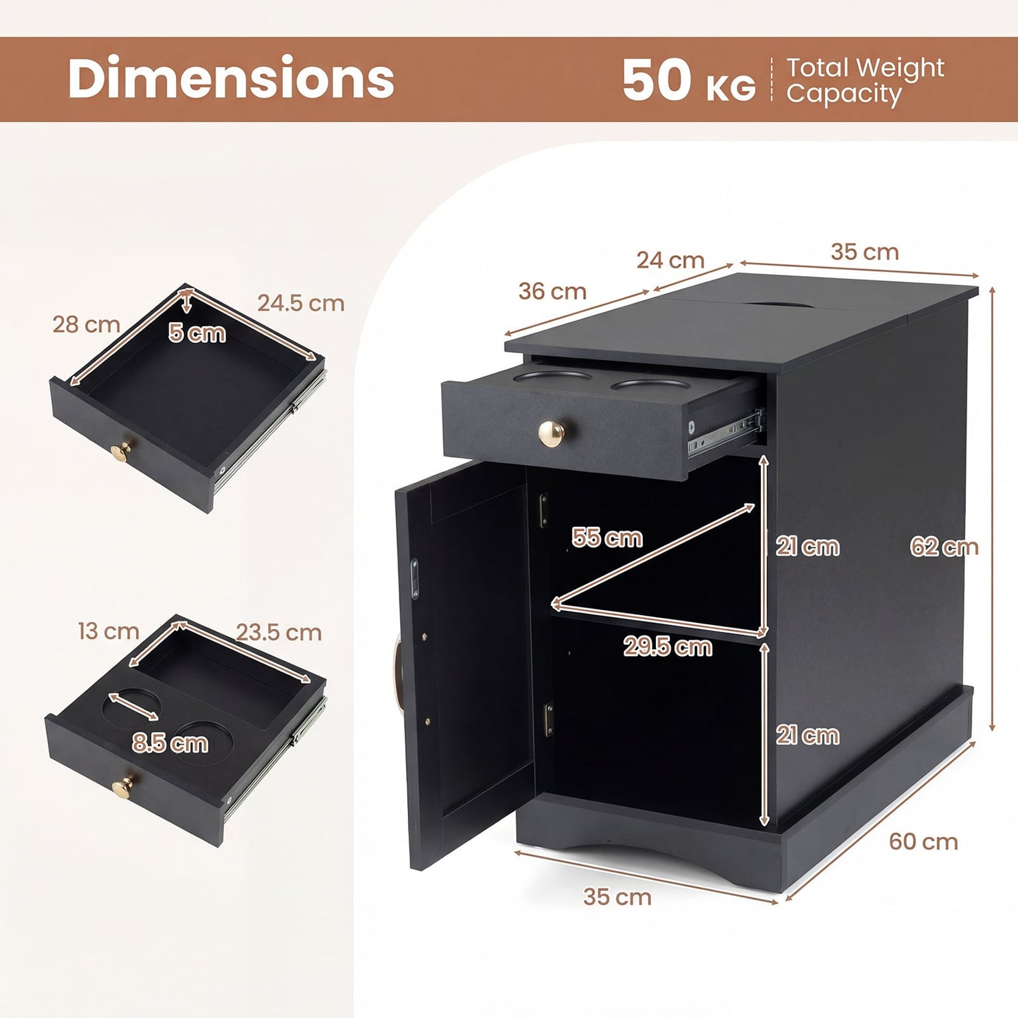 Narrow Nightstand Set of 2 with Charging Station and Drawer for Living Room Bedroom-Black