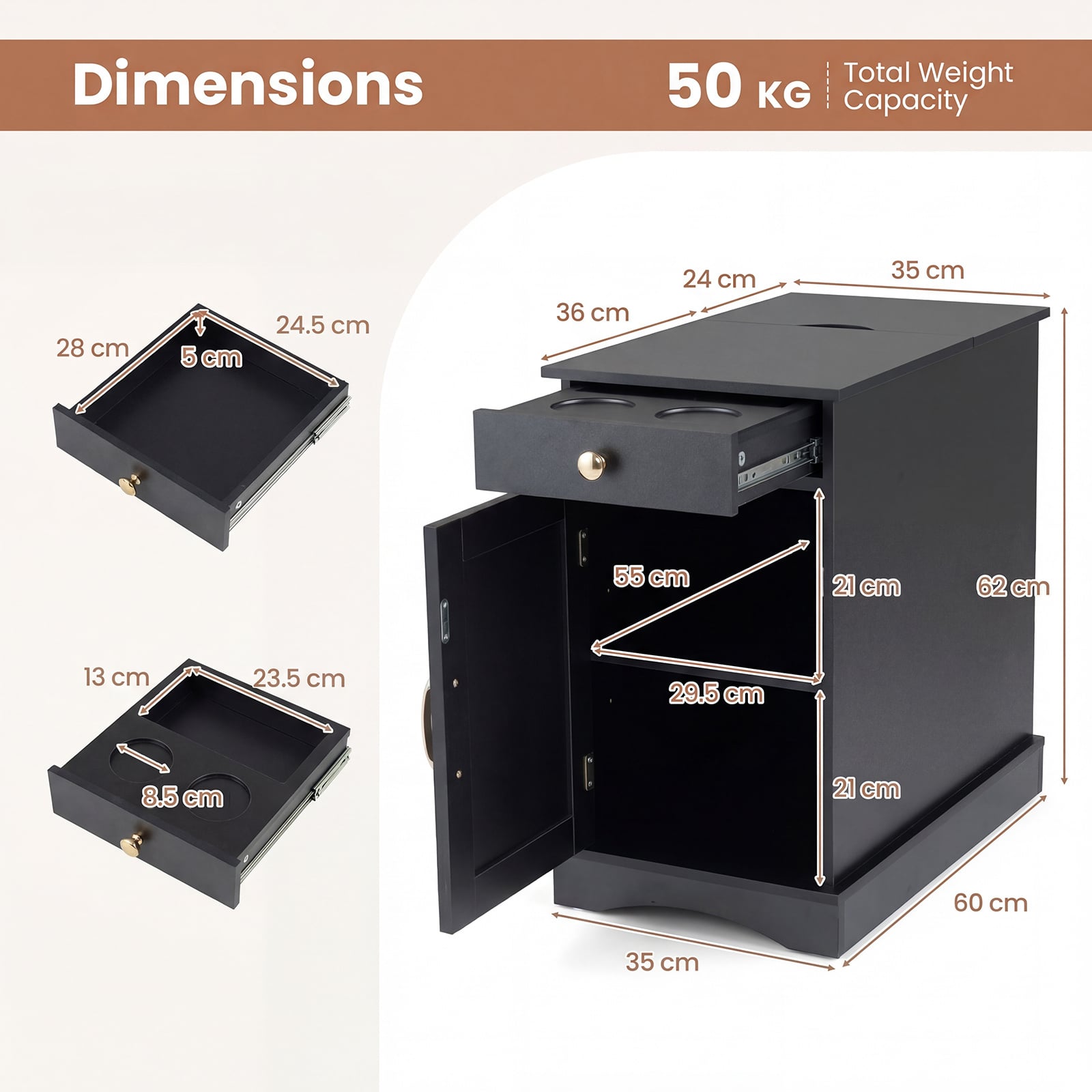 Narrow Nightstand Set of 2 with Charging Station and Drawer for Living Room Bedroom-Black