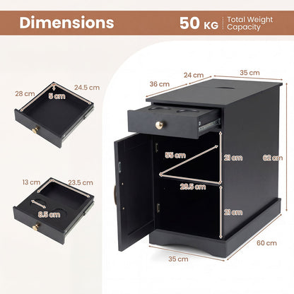 Narrow Nightstand Set of 2 with Charging Station and Drawer for Living Room Bedroom-Black