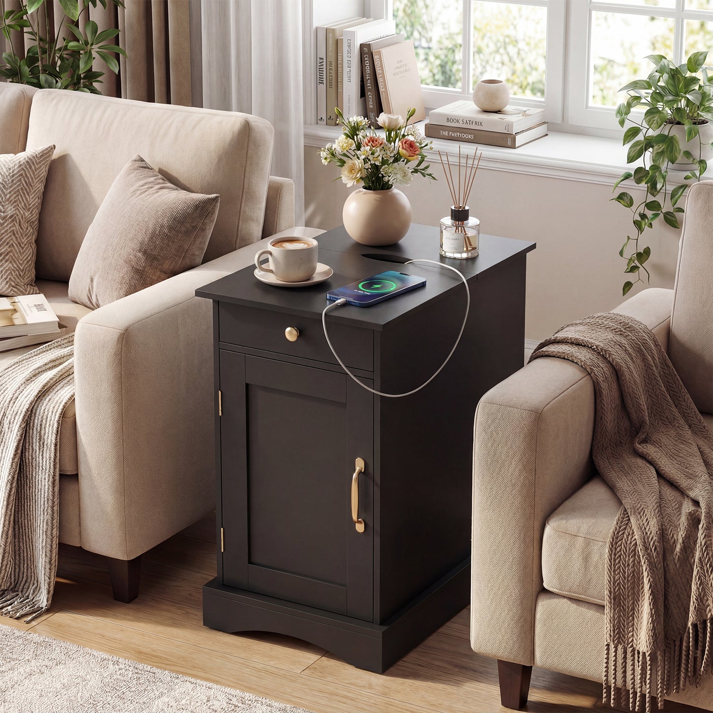 Narrow Nightstand Set of 2 with Charging Station and Drawer for Living Room Bedroom-Black