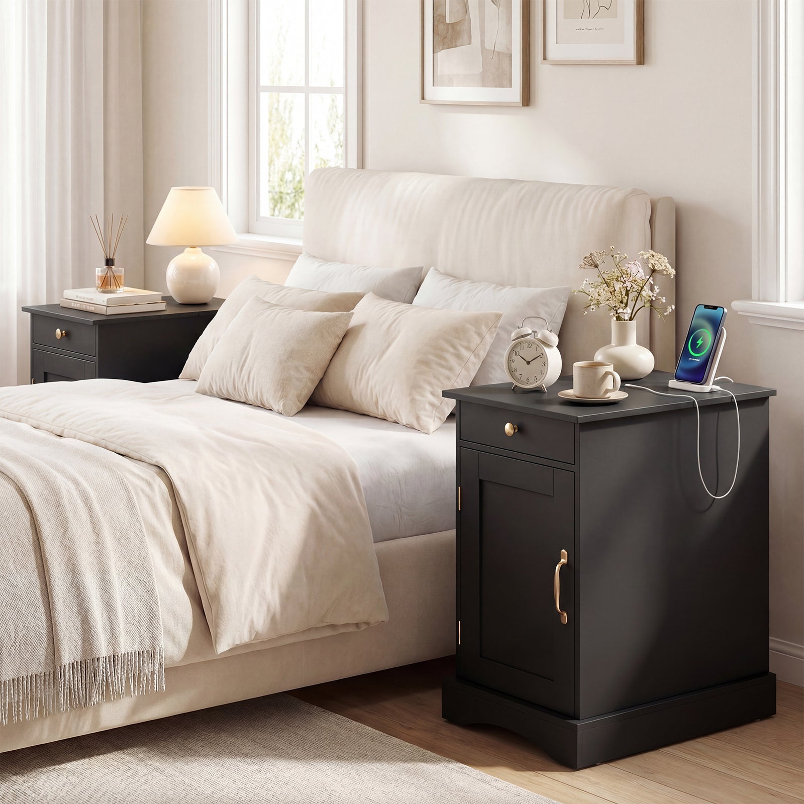 Narrow Nightstand Set of 2 with Charging Station and Drawer for Living Room Bedroom-Black