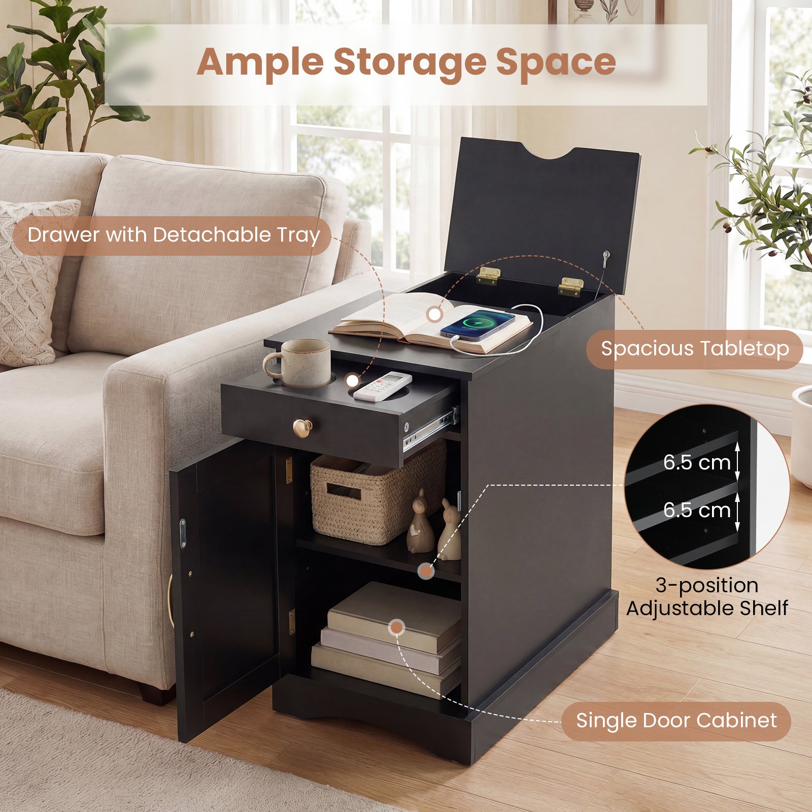 Narrow Nightstand Set of 2 with Charging Station and Drawer for Living Room Bedroom-Black
