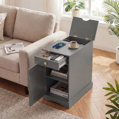 Narrow Nightstand Set of 2 with Charging Station and Drawer for Living Room Bedroom-Grey