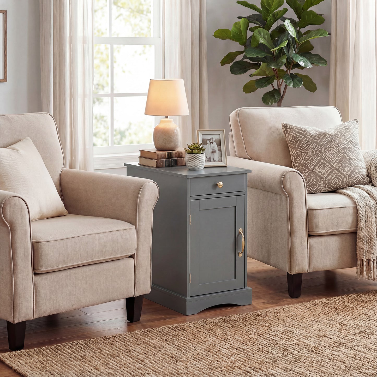 Narrow Nightstand Set of 2 with Charging Station and Drawer for Living Room Bedroom-Grey